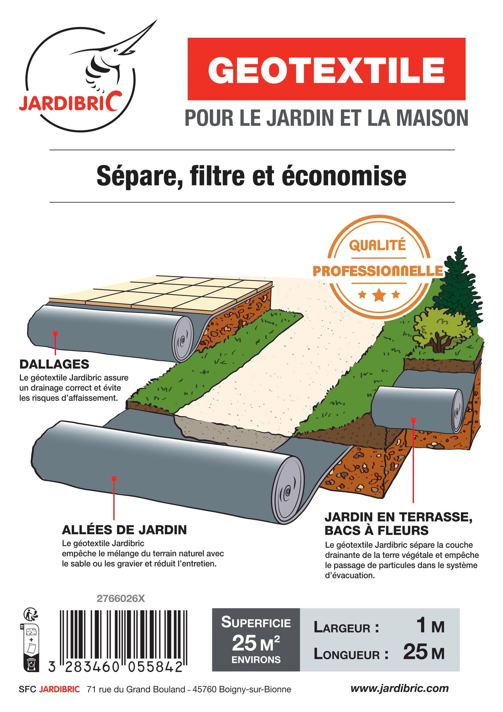 Jardibric - Geotessile 100 g/m² 1 x 25 m - Rotolo di tela geotessile polipropilene per giardino e vialetto