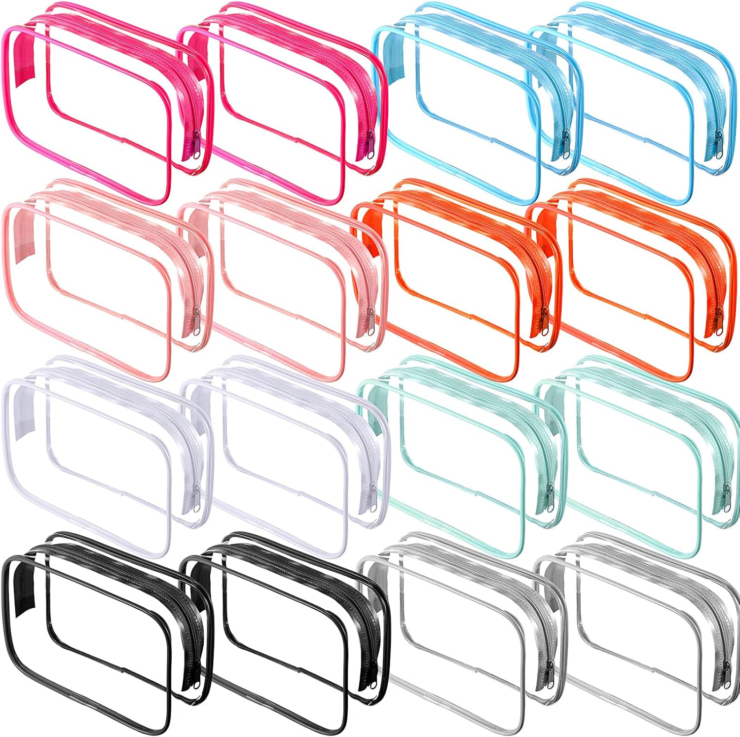 Reginary 16 Pack Clear Cosmetic Bag, Transparent Toiletry Bag Travel Pouch with Zipper Waterproof PVC Plastic Organizer Case for Women Men Traveling Vacation Organization Business Trip Home, 8 Colors