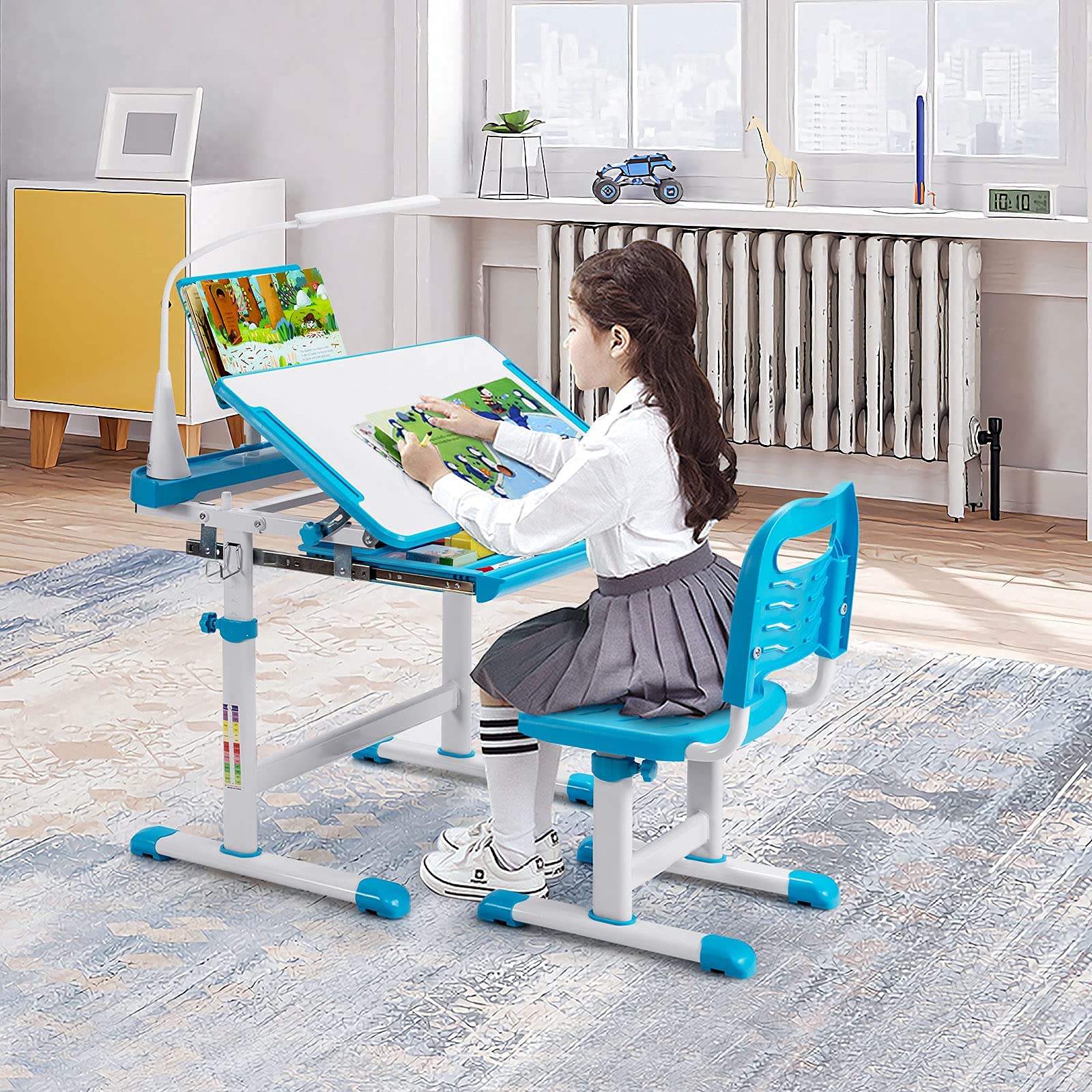 COSTWAY Bureau Enfant Garçon Fille avec Chaise & Plateau Incliné, Table et Chaise Enfant avec Hauteur Réglable & Éclairage à 3 Niveaux, Support de Livre, Tiroir, Charge 80/100kg pour 6-12 Ans, Bleu