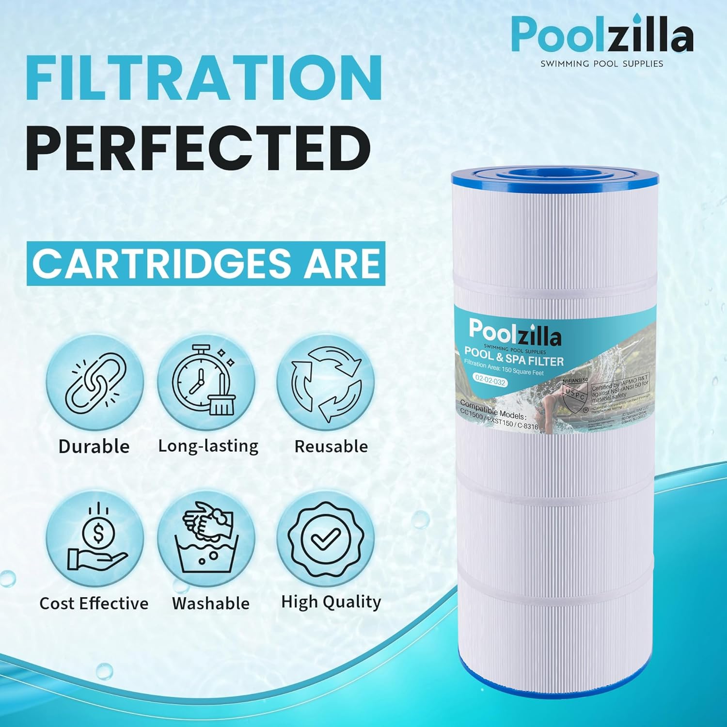 Poolzilla 1-Pack Replacement for Pool Filter PLFPXST150, Hayward X-Stream CC1500, CC-1500-E, Waterway Pro Clean 150, Unicel C-8316, Filbur FC-1286, Pleatco PXST150 - Filter Cartridge - 150 sq.ft - Image 5
