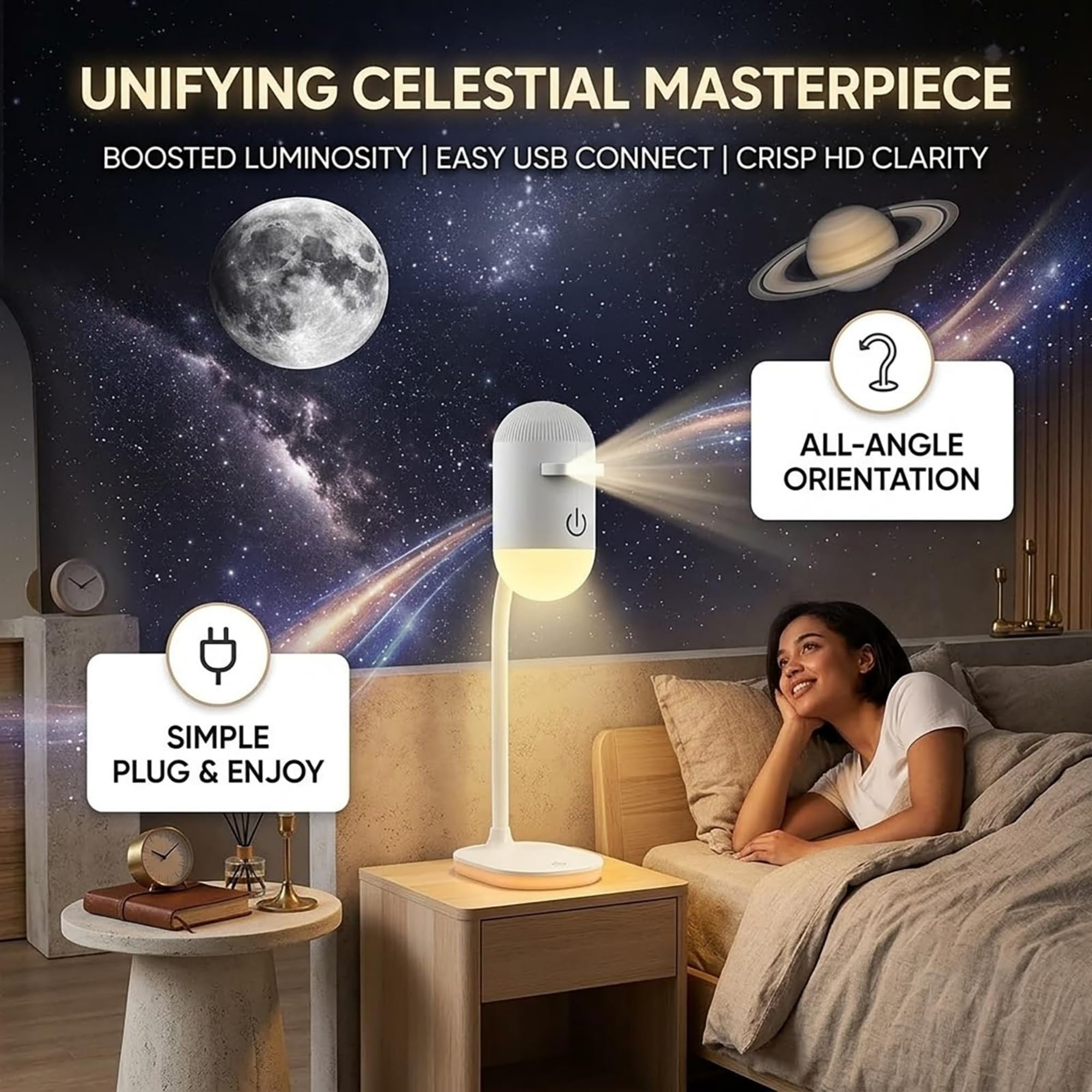 Proyector de Luz Nocturna Holográfico 5D Inteligente HD Dinámico, Proyector Cielo Estrellado HD Plug&Play, Brillo Ajustable 360°, Ideal Dormitorios, Meditación, Cine En Casa (24 Films)