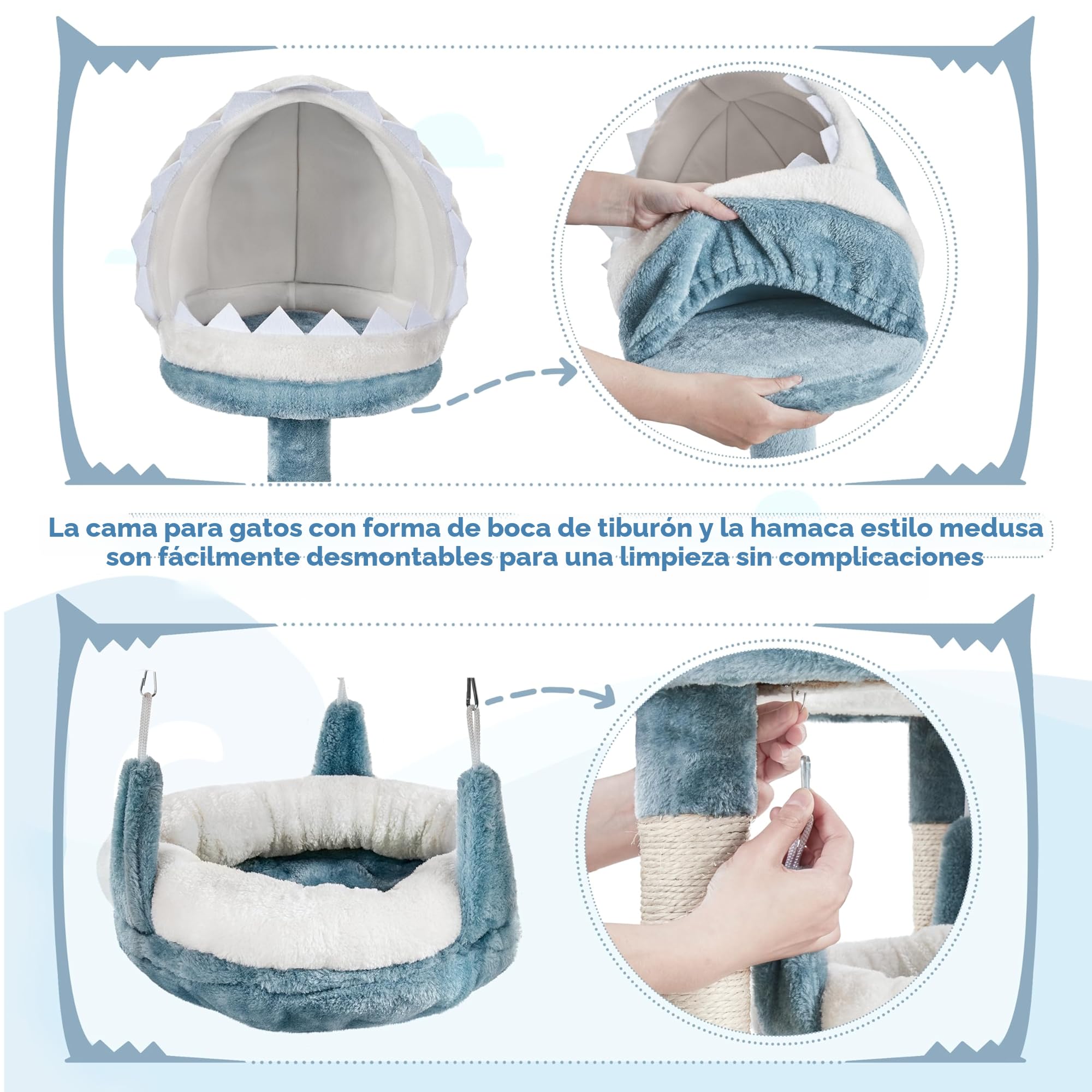 Yaheetech Árbol para Gatos 115cm Rascador para Gato Torre de Gatos con Hamaca Cueva Plataforma Estilo del Océano Azul y Blanco | Torre de peluche con forma de tiburón, con 2 perchas, 1 hamaca, 1 cama para arañar y cuerda de sisal