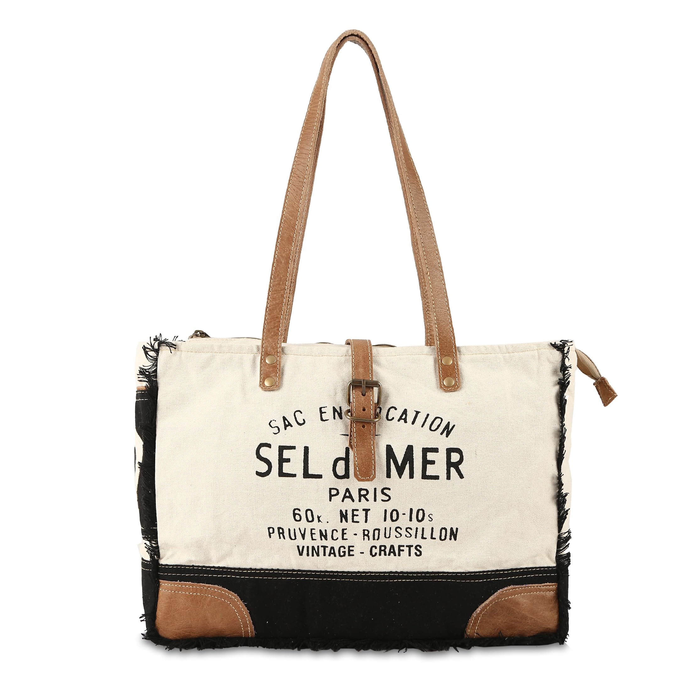 vintage crafts Bags Sel De Mer Upcycled Canvas Hand Bag | Canvas Messenger Bag & Cowhide Tote Bag with pockets, Zipper Closure for Women (Black & White)