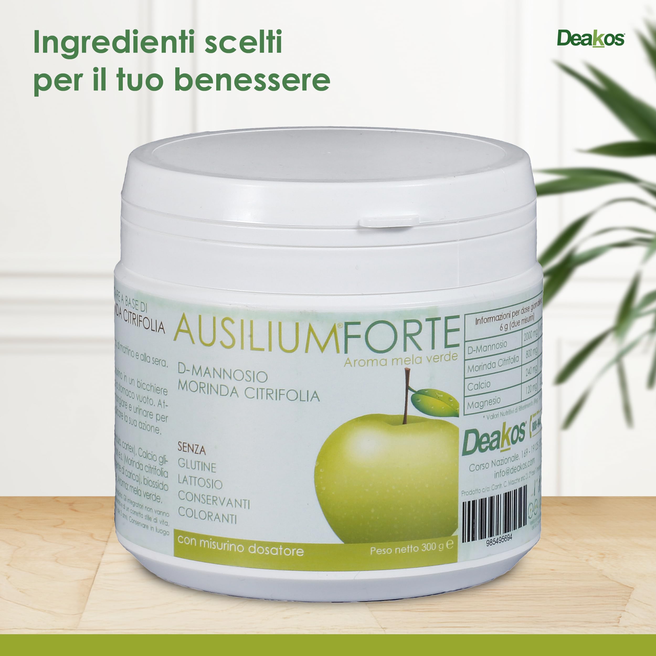 Deakos Ausilium Forte 300g - Integratore Cistite Donna e Benessere delle Vie Urinarie - In Polvere Gusto Mela Verde - A base di D Mannosio Puro e Morinda Citrifolia - Senza Glutine e Lattosio