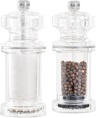 Miniatura 13 de COLE & MASON Molinillo de sal 505, molino acrílico transparente que incluye mecanismo de precisión y sal marina de primera calidad