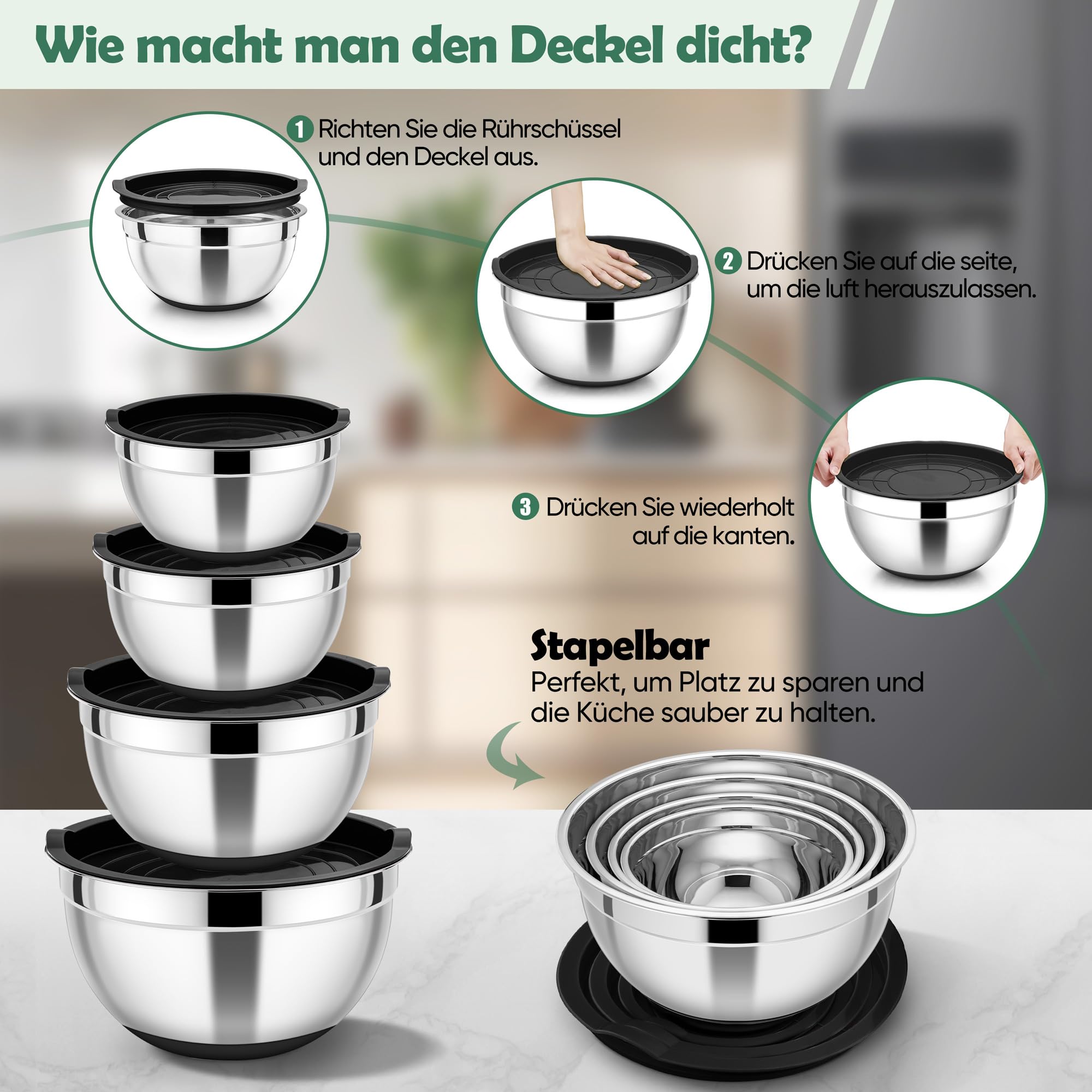 HaWare Lot de 4 saladiers en acier inoxydable avec couvercle hermétique et fond en silicone, idéal pour la cuisson, le stockage de la pâtisserie, empilables et lavables au lave-vaisselle, 4,6 l/2,8 l