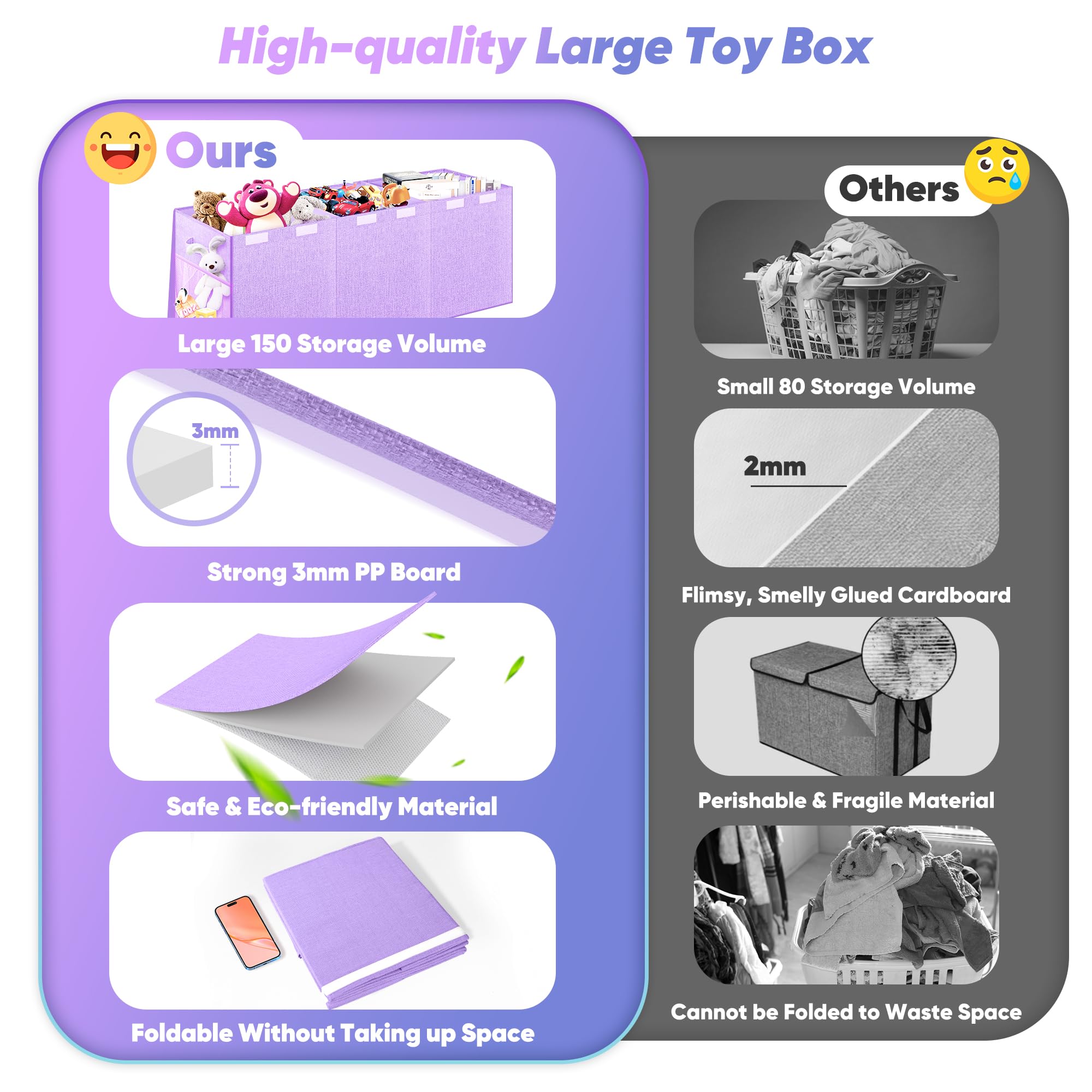 Mabahoo Caja de juguetes extra grande, caja de juguetes para niños y niñas, organizador de almacenamiento de juguetes resistente plegable con bolsillos de malla, 41 x 14 x 16 pulgadas, cajas de