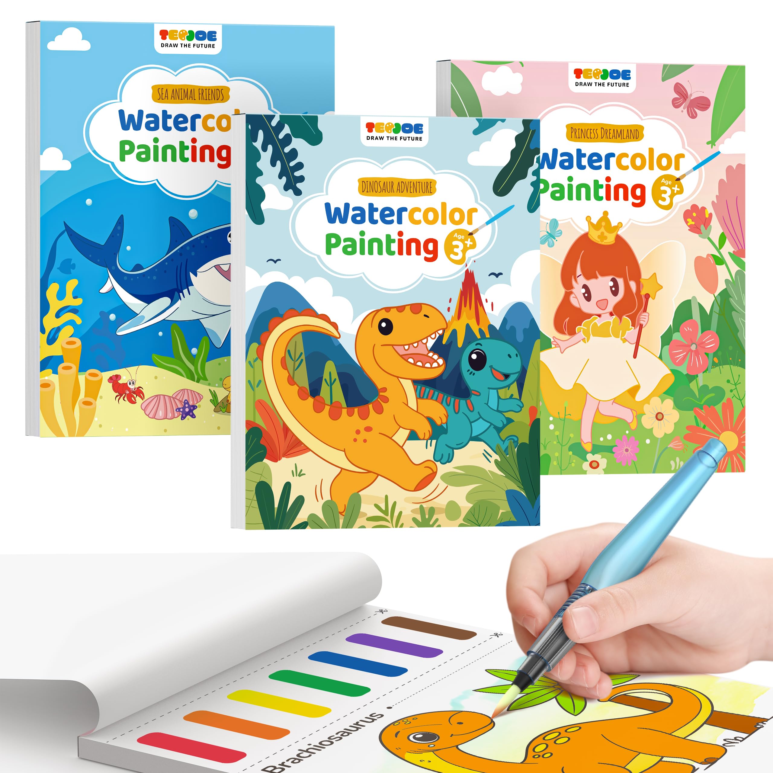 TECJOE 3 Pack Paint with Water Coloring Books for Toddlers, Watercolor Paint Set with 6 Brushes, Painting Activity for Kids Ages 4 5 6 7 8, Christmas