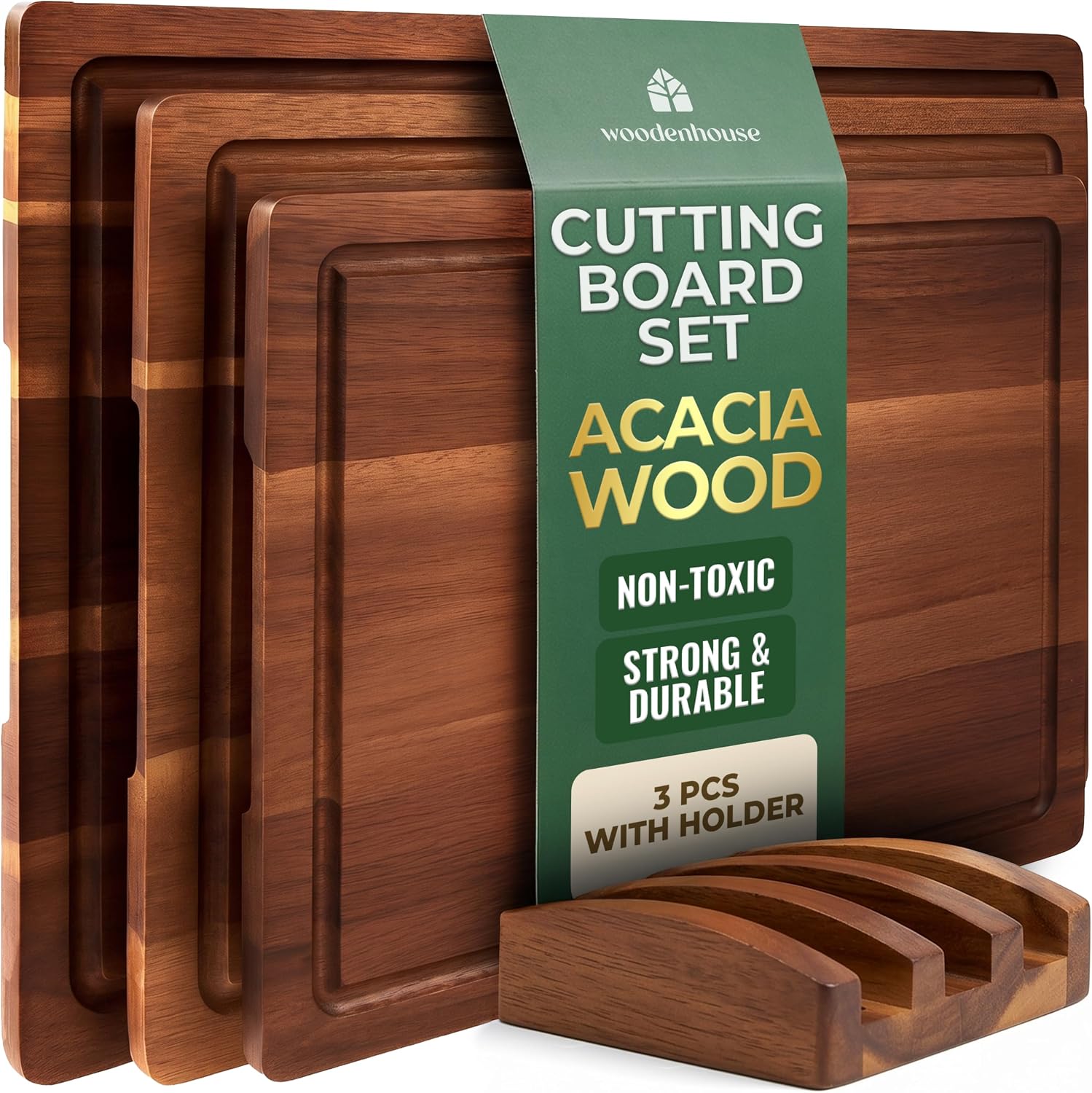 Set de 3 tablas de cortar de madera de acacia con soporte