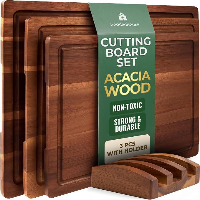 Acacia Wood Cutting Board Set of 3 with Holder, Juice Grooves & Built-in Handles - Durable, Wooden Cutting Boards for Kitchen, Perfect for Chopping, Food Prep and Serving as a Charcuterie