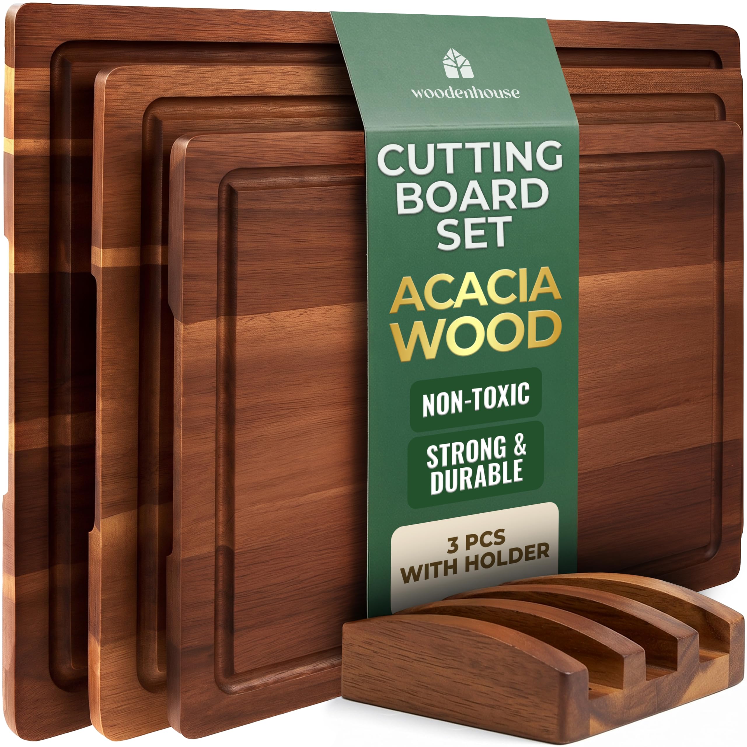 Woodenhouse Acacia Wood Cutting Board Set of 3 with Holder