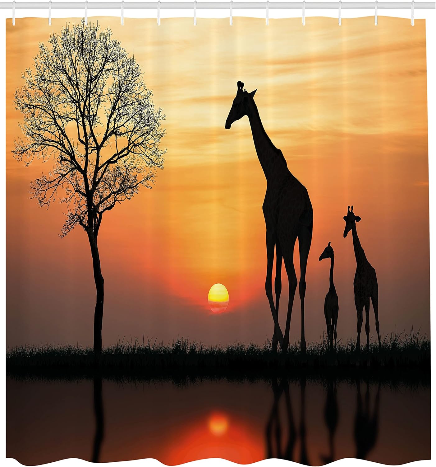 Ambesonne Africa Shower Curtain, Giraffes on Bushes by The Lake Surface Horizon in The Middle of Nowhere Image, Cloth Fabric Bathroom Decor Set with Hooks, 69" W x 70" L, Orange Black