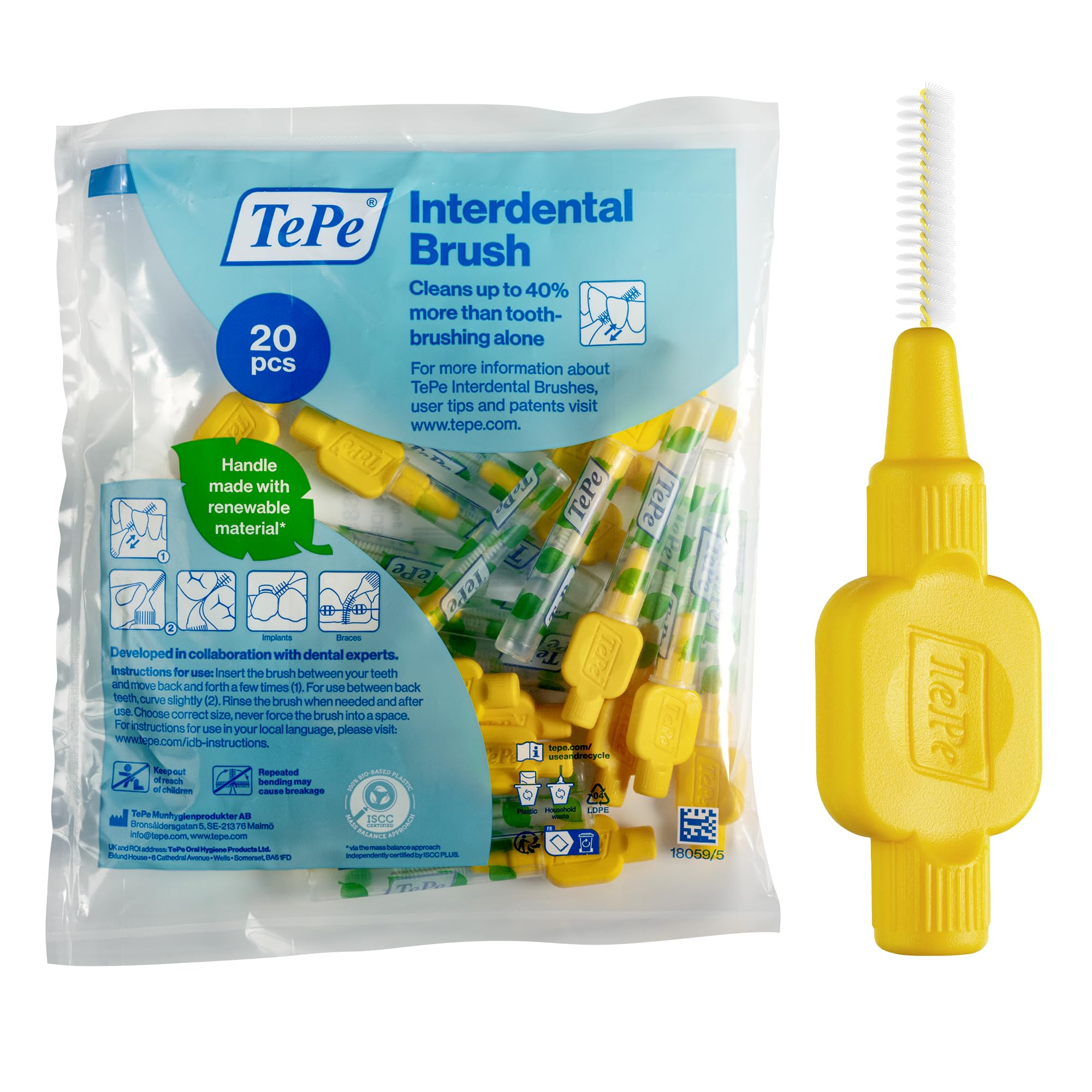 TePe Interdental Brush, Original, Yellow, 0.7mm/ISO 4, 20pcs, efficient Cleaning Between Teeth, Plaque Remover and Dental flosser for Small Gaps