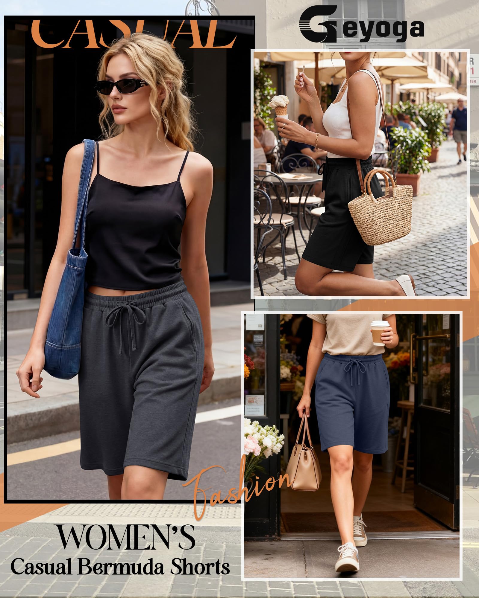 Geyoga 4er-Pack Bermuda-Shorts für Damen, Baumwoll-Shorts mit Kordelzug, Elastischem Bund, Weitem Bein und Taschen