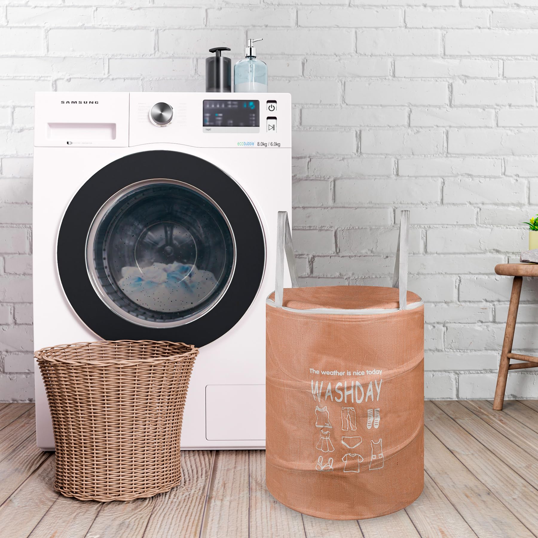 Kuber Industries Wäschekorb | Runder Faltbarer Wäschekorb | Jute Aufbewahrungstasche mit Knopfgriffen | Kleiderkorb für Zuhause | Spielzeug Aufbewahrungskorb | 45 Liter | 2 Stück | Pfirsich