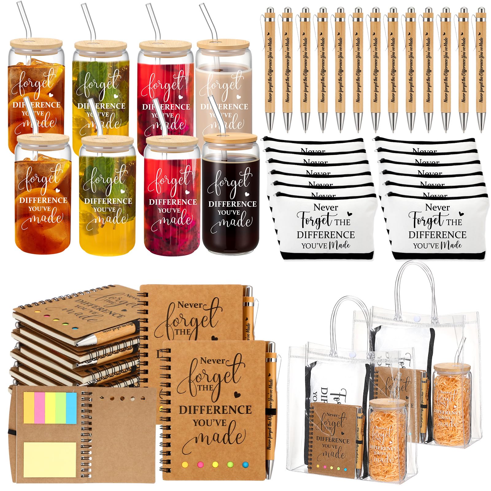 60 Pcs Employee Appreciation Gifts Bulk Never Forget Notebook Gift Bag Glass Cup Makeup Bag Bamboo Pen for Graduation Teacher Father Day Office Staff