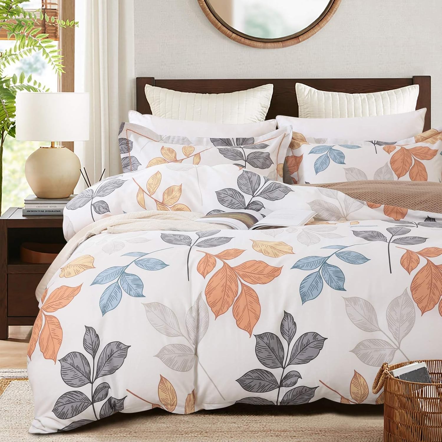 Natural Cotton Comforter King Size, Yellow & Grey Leaves Print Bedding Sets for All Seasons, 3 Pieces, 1 Soft Reversible Botanical Comforter and 2 Pillow Shams King Yellow & Grey Leaves