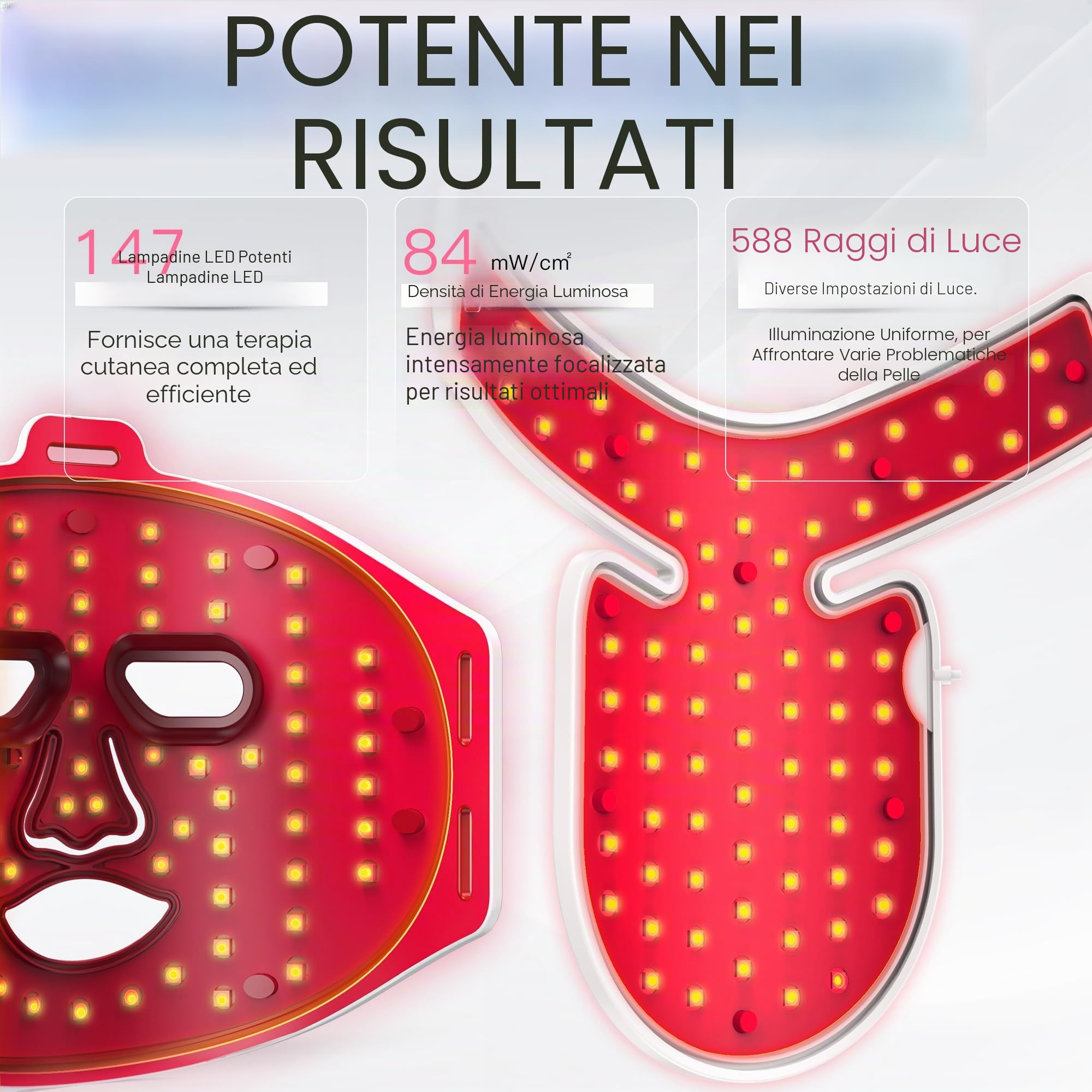 Maschera Facciale LED per Viso, Collo e Décolleté, Terapia della Luce nel Vicino Infrarosso, Maschera di Bellezza in Silicone Flessibile, Trattamento Domiciliare, Cura della Pelle (Bianco)