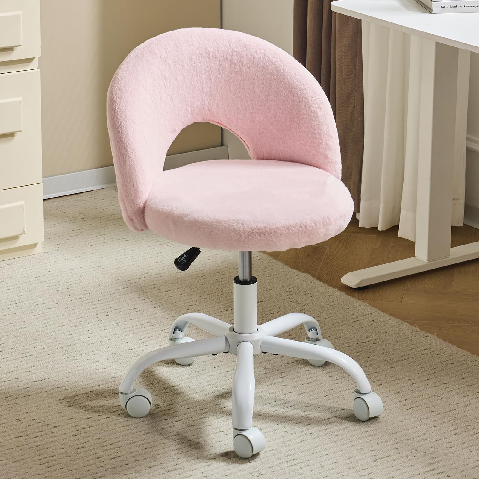 Bonnlo Homeoffice Stuhl, Schreibtischstuhl, Schminktisch Stuhl, Bürostuhl ohne Armlehnen, Drehstuhl mit Rollen, Höhenverstellbar, Homeoffice, Make up (Kunstkaninchenfell, Rosa)