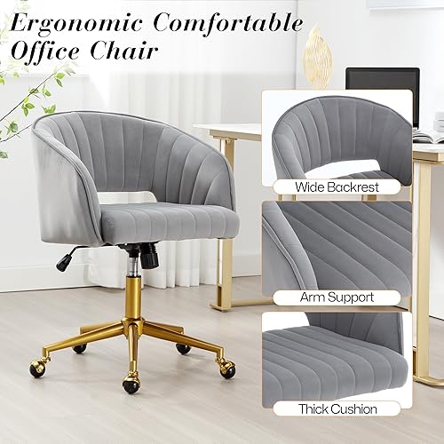 Miniatura 6 de Homedraft Silla de escritorio giratoria para oficina en casa, moderna silla de escritorio de terciopelo, sillón de altura ajustable con base dorada,