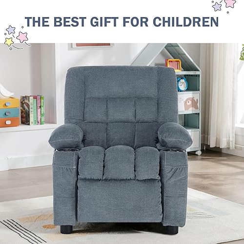 Miniatura 7 de BOSMILLER Silla reclinable para niños, sillón reclinable con respaldo para tazas y bolsillos laterales, reposapiés ajustable y reposacabezas para