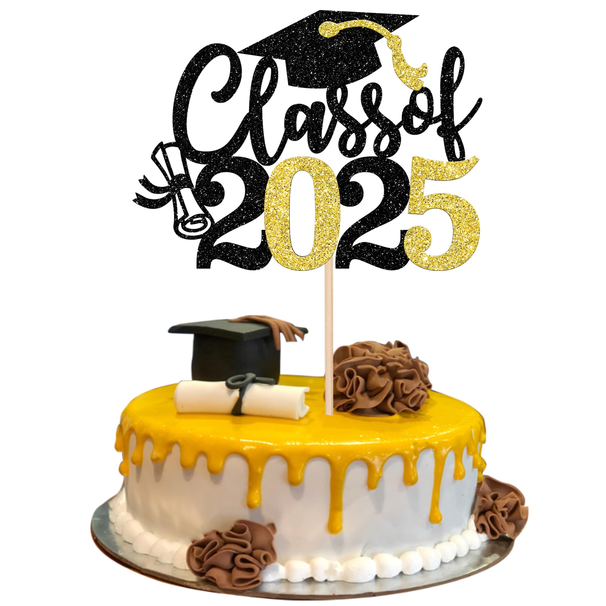 1 PCS Graduation Cake Topper Glitter Class of 2025 Cake Decoration 2025 Diploma Congrats Grad Cap Cake Pick for 2025 School Graduation Theme Party