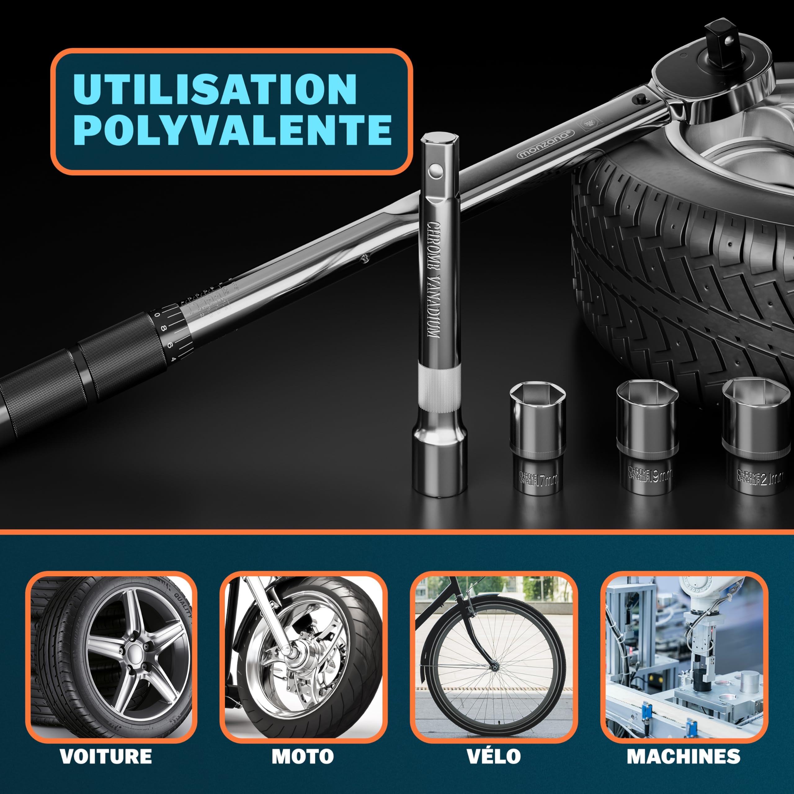Monzana Clé Dynamométrique 6 Pièces 40-210NM, TÜV SÜD, 3 Embouts, Extension, Valise, Double Graduation, Levier Pratique, Cliquet Gauche-Droite, Verrouillage pour Clé Dynamométrique Voiture 1/2