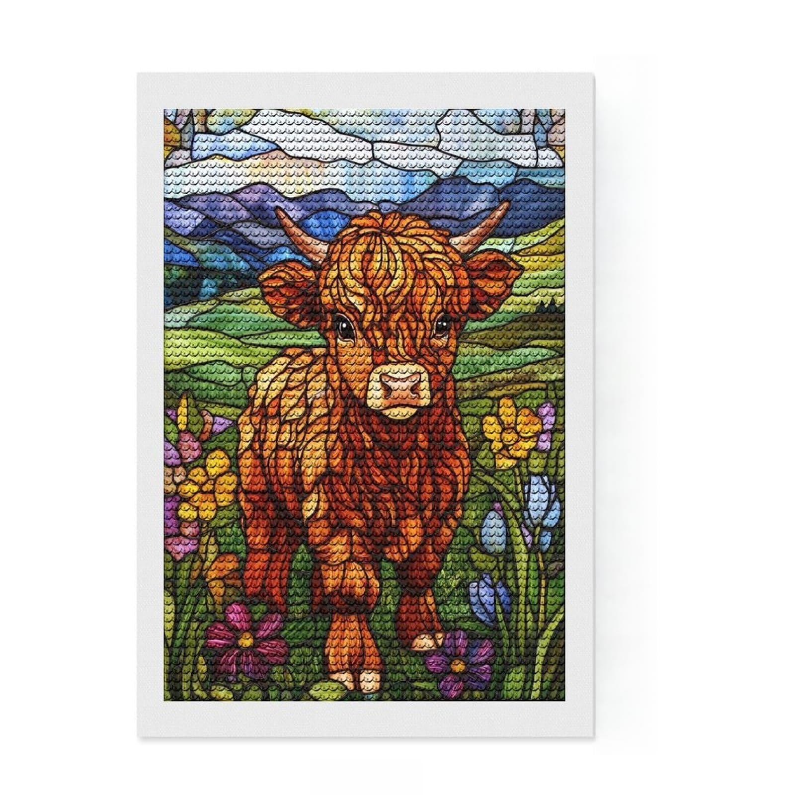 Junmoney Stained Glass Highland Cow Diamond Art Kit 8"x12", Finish and Display, with Tool Kit, Living Room Decor, Birthday Gift, Neat Printed Canvas