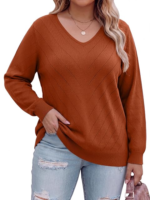 HDLTE HDLTE Plus Size Sweaters for Women V Neck Casual Tops Orange