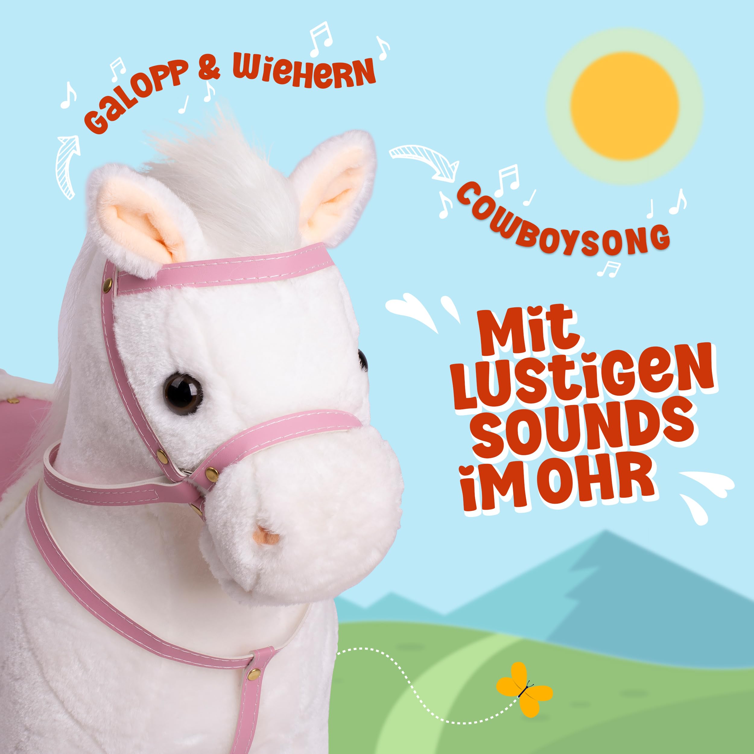 Pink Papaya Stehpferd zum draufsitzen | 60cm Spielpferd zum Reiten Luna | Pferd zum Reiten für Kinder mit Sound | Sattel Pferd