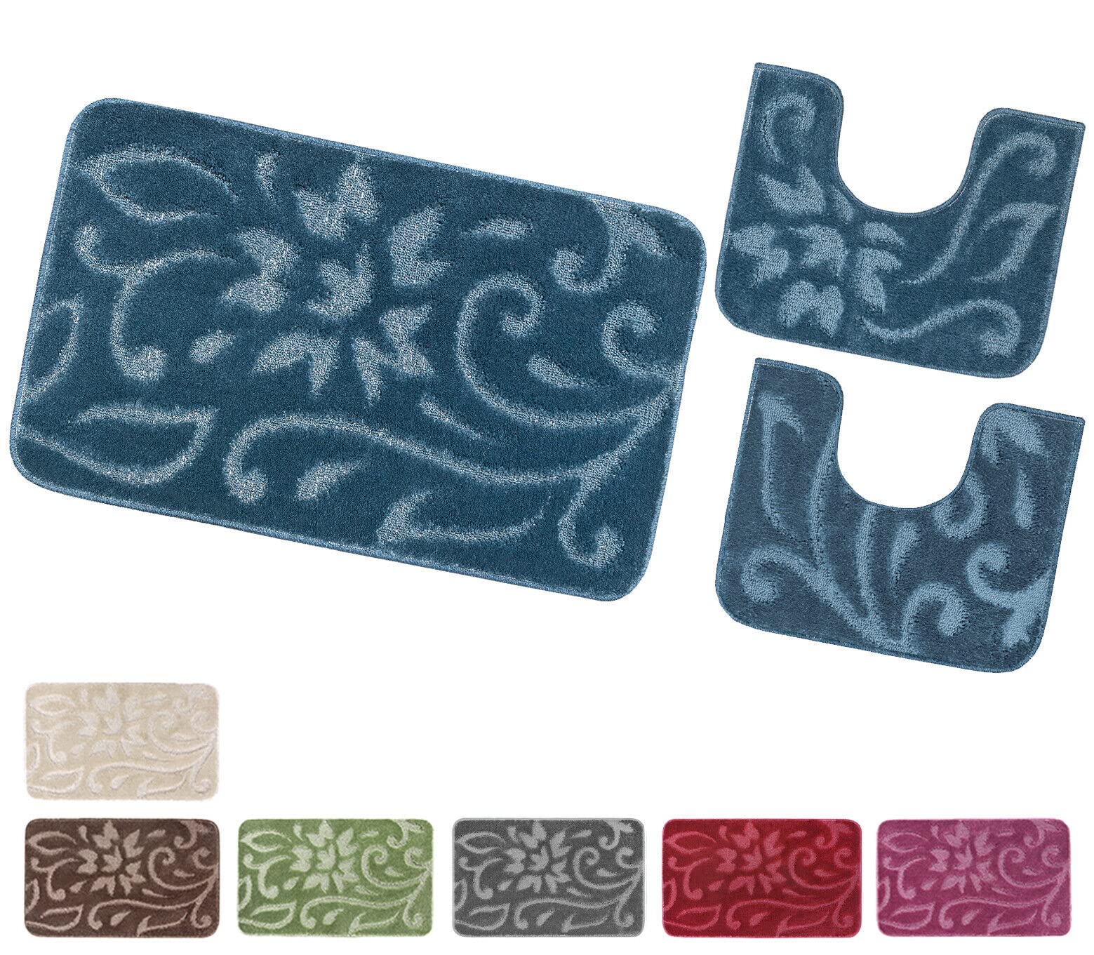 emmevi Lot de 3 tapis de bain doux, élégant, antidérapant, lavable, modèle Java, lot de 3 pièces, bleu