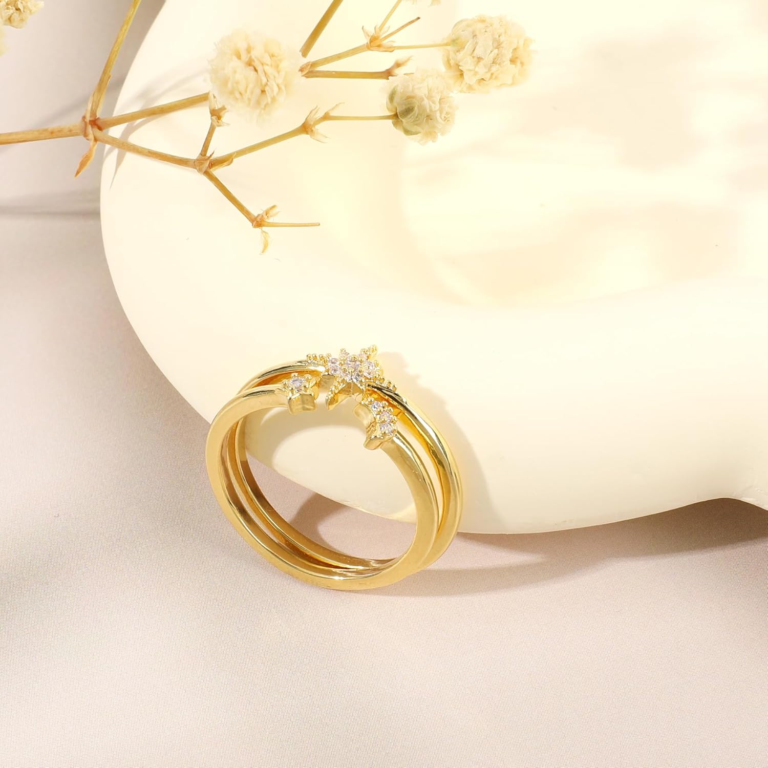 MOONWALTZ Gold Ring for Women Sparkly Summer Party Trendy Jewelry Gift for Women Anniversary Dainty Statement 14K Gold Plated Moon and Stars North Star Bow Knot Ribbon Rings - Image 7