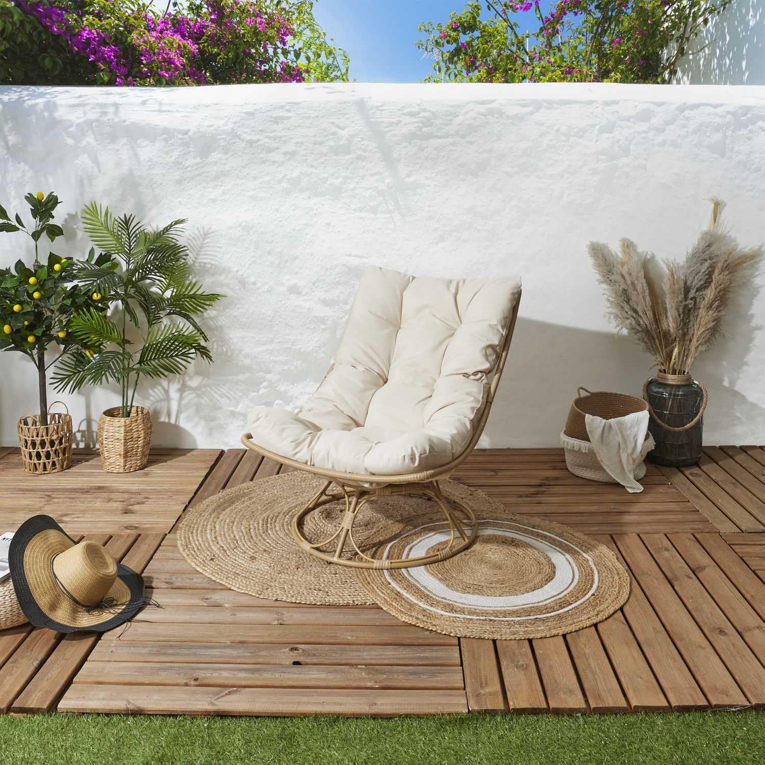 HOME DECO FACTORY - HDO0227 Sillón Petra, Mobiliario de Exterior, Asiento 74x88x96 cm, Altura 35 cm, Tratamiento UV, Textil Repelente al Agua, Epoxy, Beige
