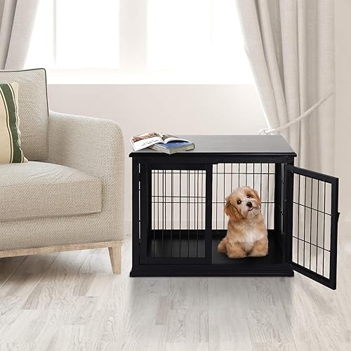 Miniatura 2 de PawHut Muebles de jaula para perros, mesa auxiliar de jaula para perros pequeños con dos lados de apertura, puerta con cerradura, perrera interior