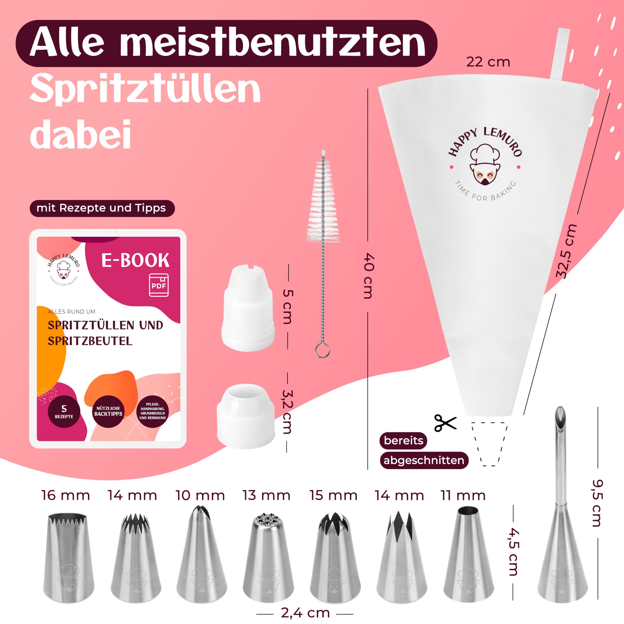 Premium Spritzbeutel mit Tüllen | 11-teilig | 8 große Spritztüllen mit Spritzsack aus Baumwolle (40 cm) - wiederverwendbar und spülmaschinenfest - für Torten & Cupcakes