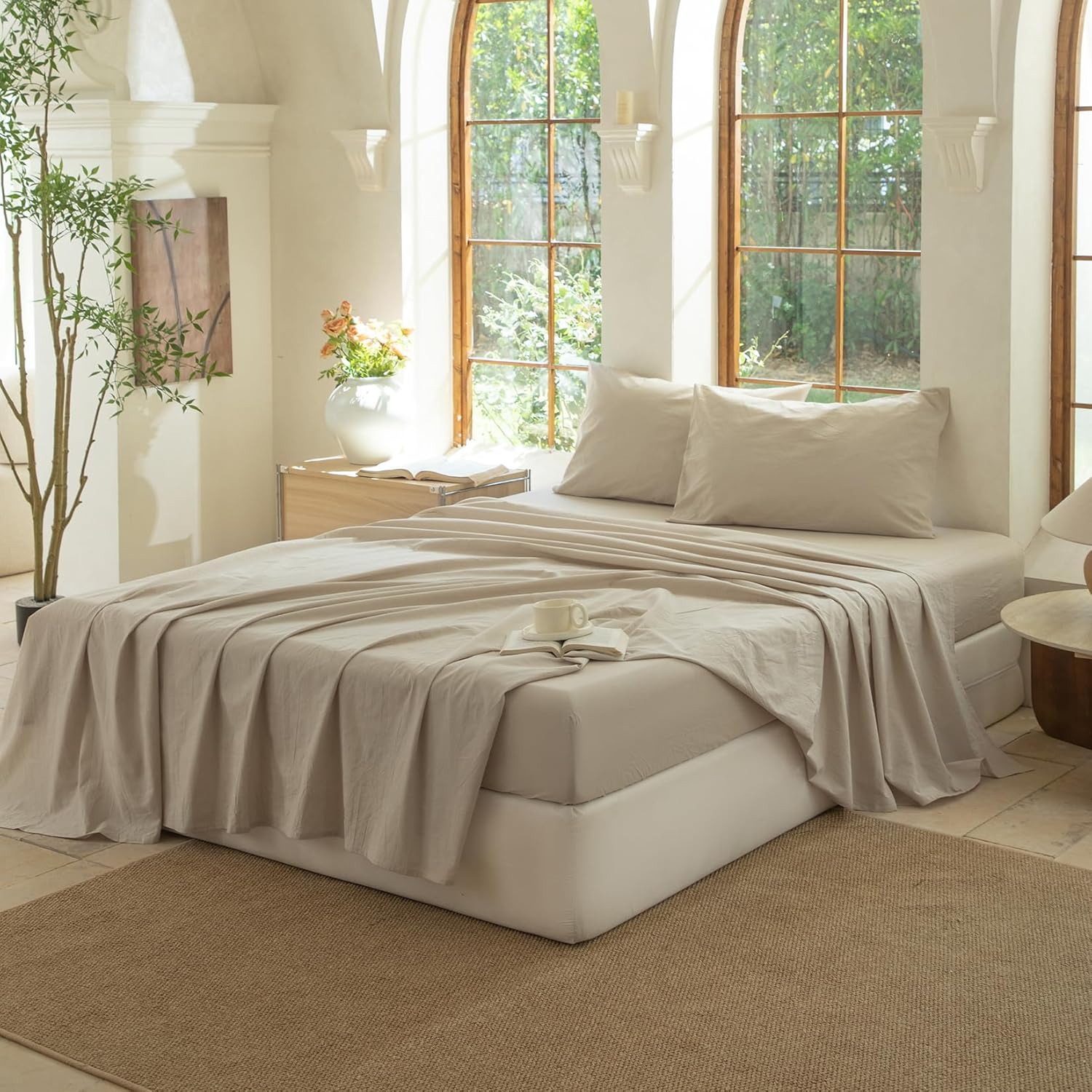Bedding Sheet Set 4 Pcs,100% Washed Cotton Linen Like,1 Fitted Sheet,1 Flat Sheet and 2 Pillowcases,Comfy Textured Sheet Set(Beige,King)