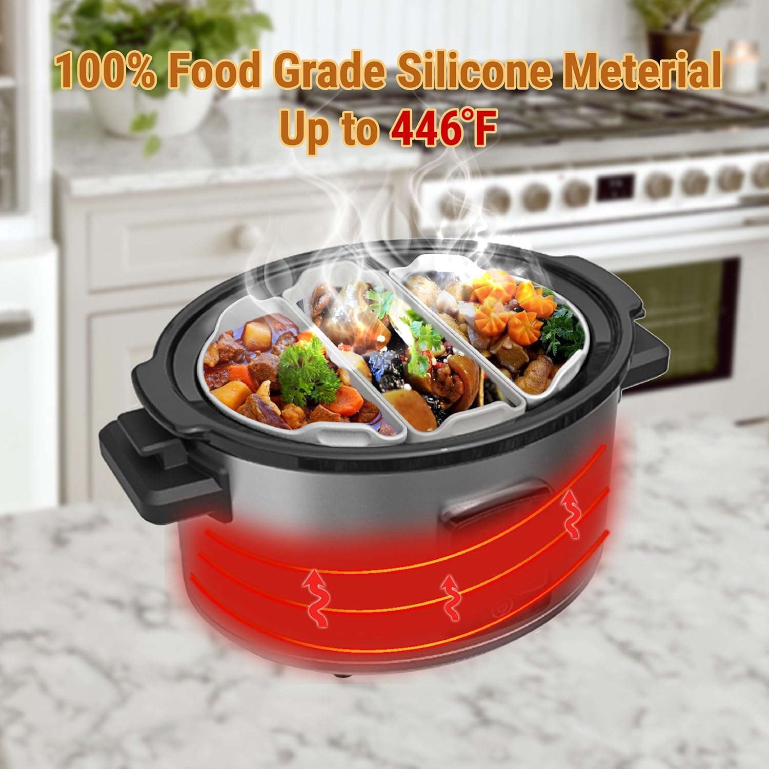 Silicone Slow Cooker Liners Compatible With Crock Pot 6-8 QT,Slow Cooker Divider Allows Cooking Three Different Meals At Once Time (gray)