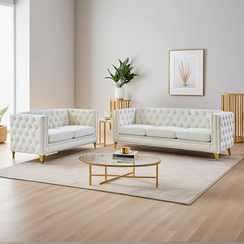 2 Piece Chesterfield Velvet Combination Sofa Set for Living Room,3-Seater and Loveseat Sofa Set Tufted Couch, Rolled Arms and Nailhead for Living Room, Bedroom, Office Beige