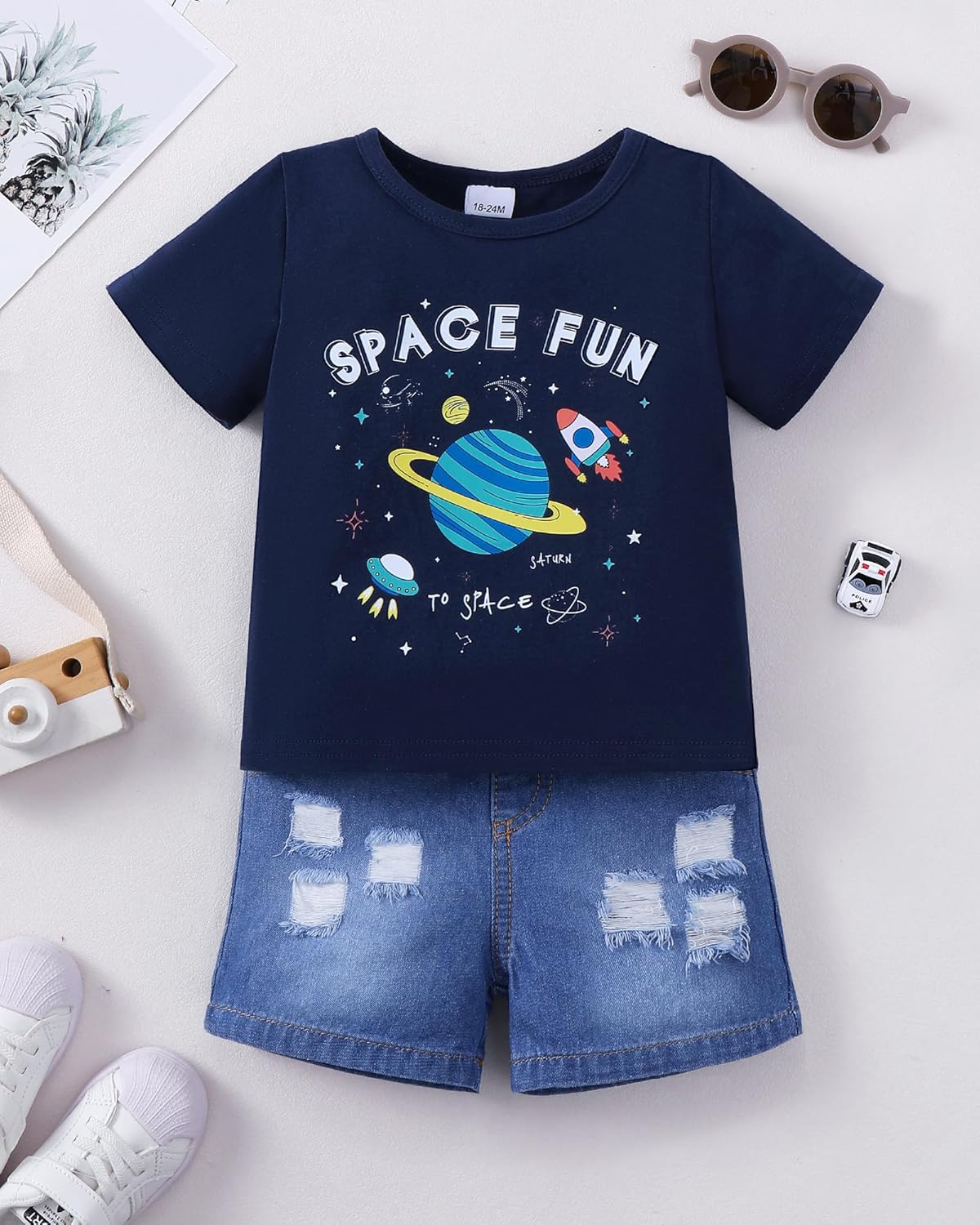 Jecson Toddler Boy Clothes Summer Outfits Short Sleeve T-shirt and Inside Ripped Holes Denim Short Stretch Sets 12M-4T - Image 2