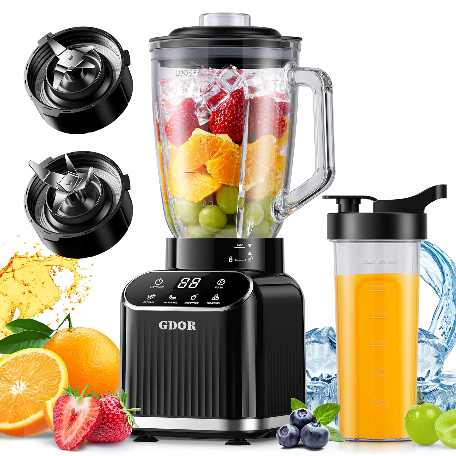 GDOR Professional Blender for Smoothies 5 Functions 1200 Peak Watts Smoothie Blender 52 Oz Glass Jar 24 Oz