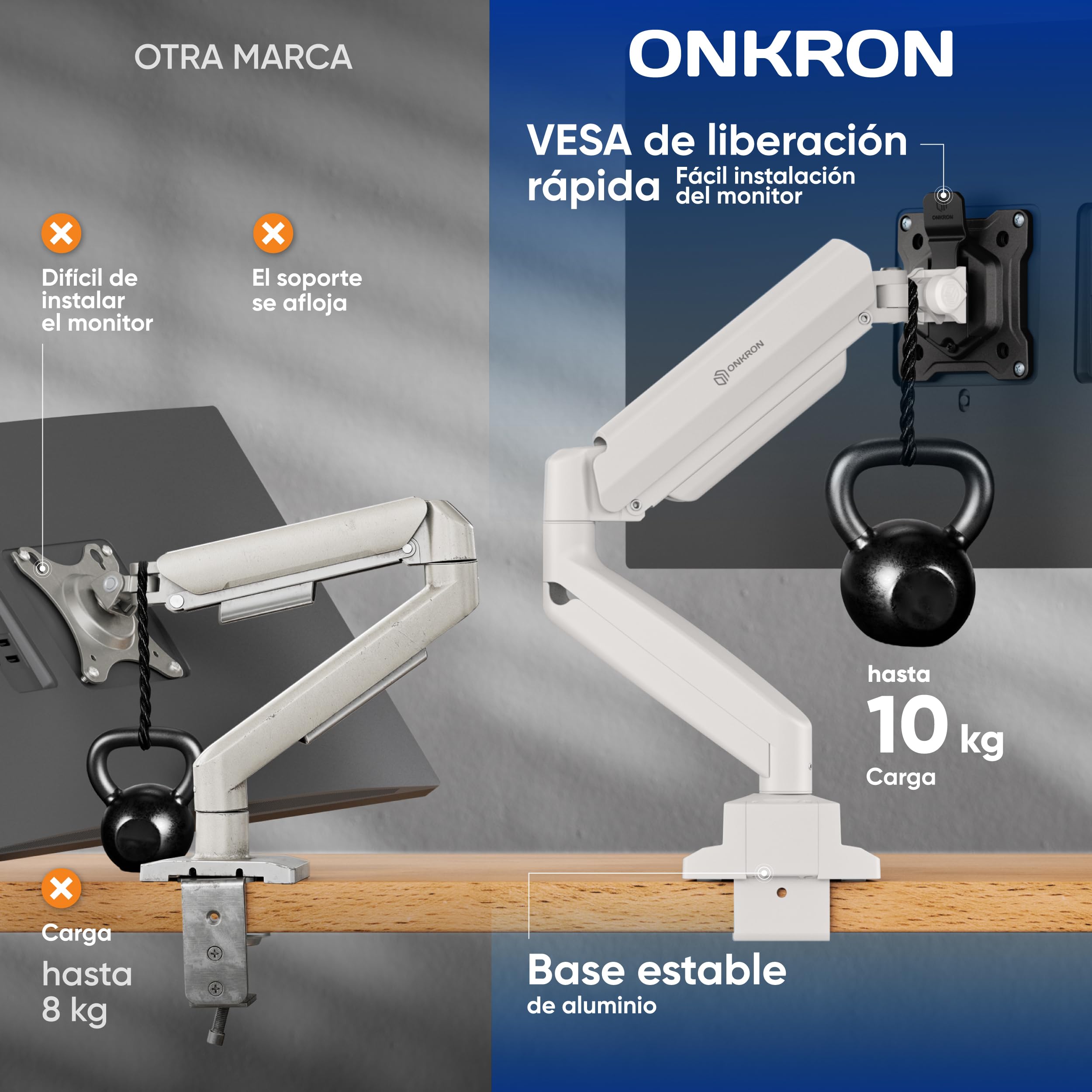 ONKRON Soporte Monitor Escritorio 13"-32", 10 kg, máx VESA 100x100, G80-BW | Brazo monitor blanco, altura ajustable, giratorio 180°, inclinable, rotación completa; para oficina y setup gaming
