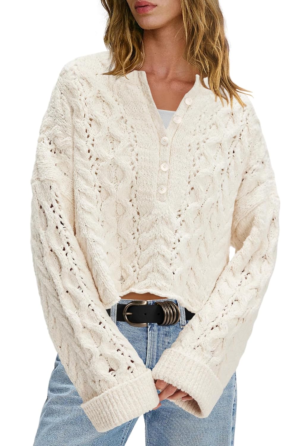 LAMISSCHE Cable Knit Sweater Women Cropped Sweaters Oversized Fall Sweaters Long Sleeve Half Button Down Pullover