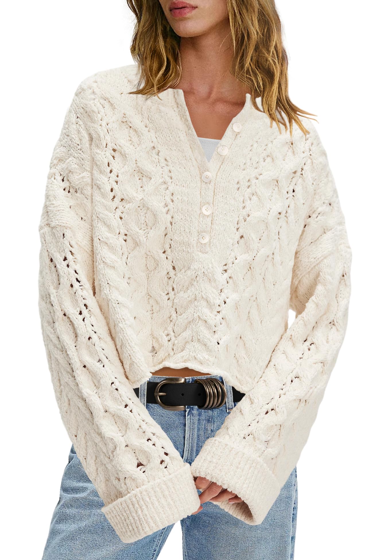 LAMISSCHE Cable Knit Sweater Women Cropped Sweaters Oversized Fall Sweaters Long Sleeve Half Button Down Pullover