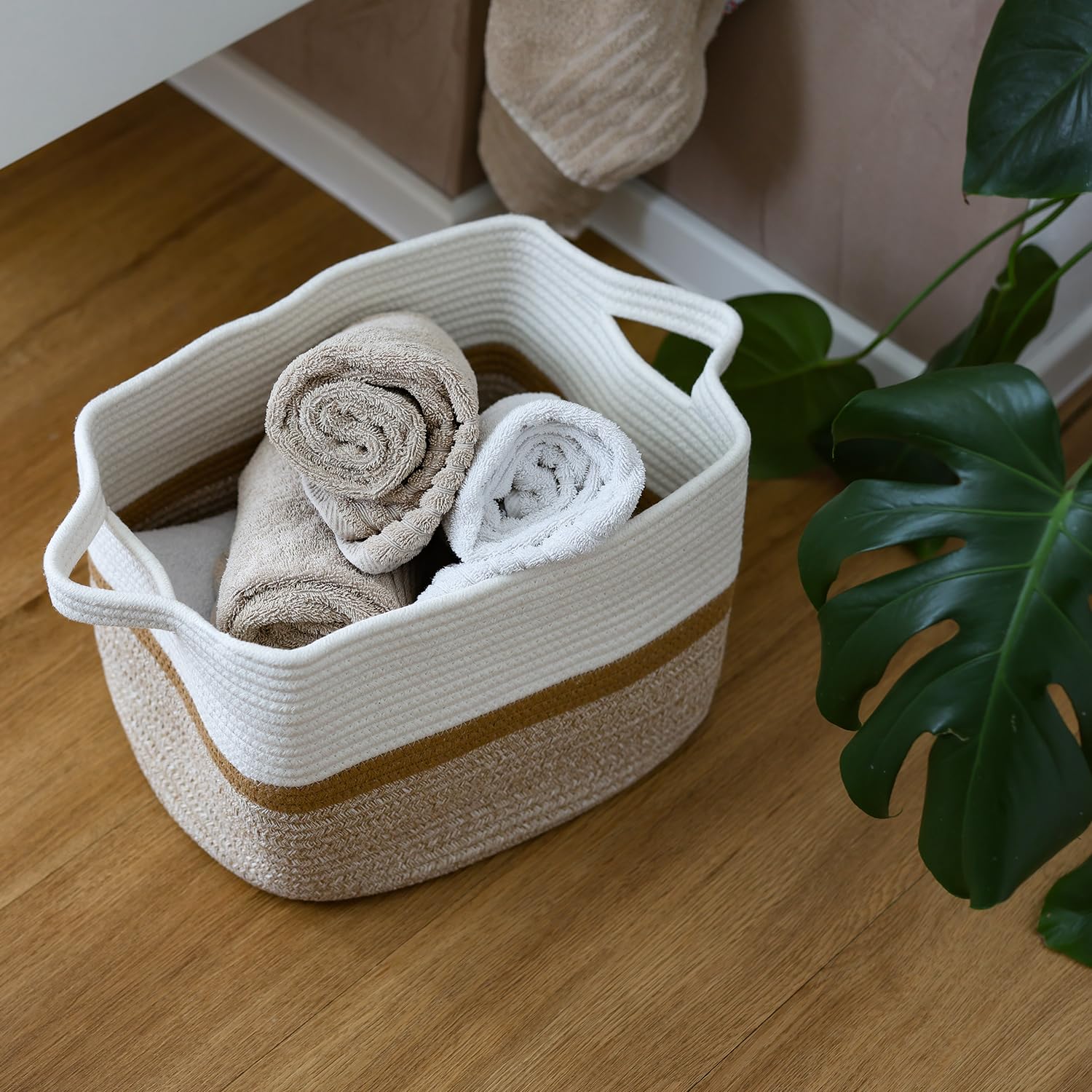 Cestino portaoggetti HMF con manici allungati, cestino in cotone | 36 x 30 x 25 cm | Bianco-Marrone