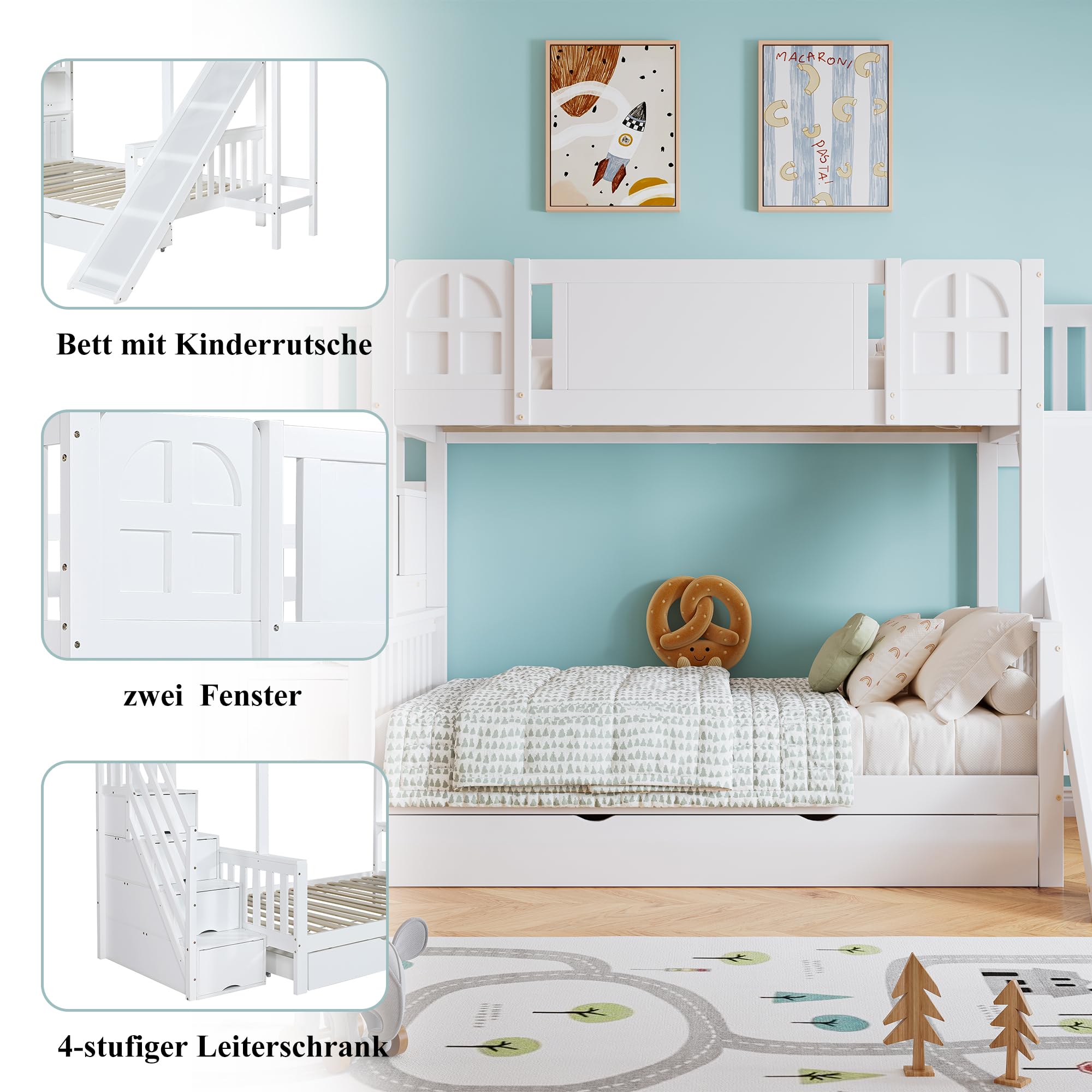 Kinderbett Etagenbett 90x200 cm&120x200 cm, Hochbett mit Kinderrutsche, Schubladen mit Rollen, Stauraum Treppen mit Handlauf, Bettgestell mit Lattenrost aus Holz und Rausfallschutz, Weiß