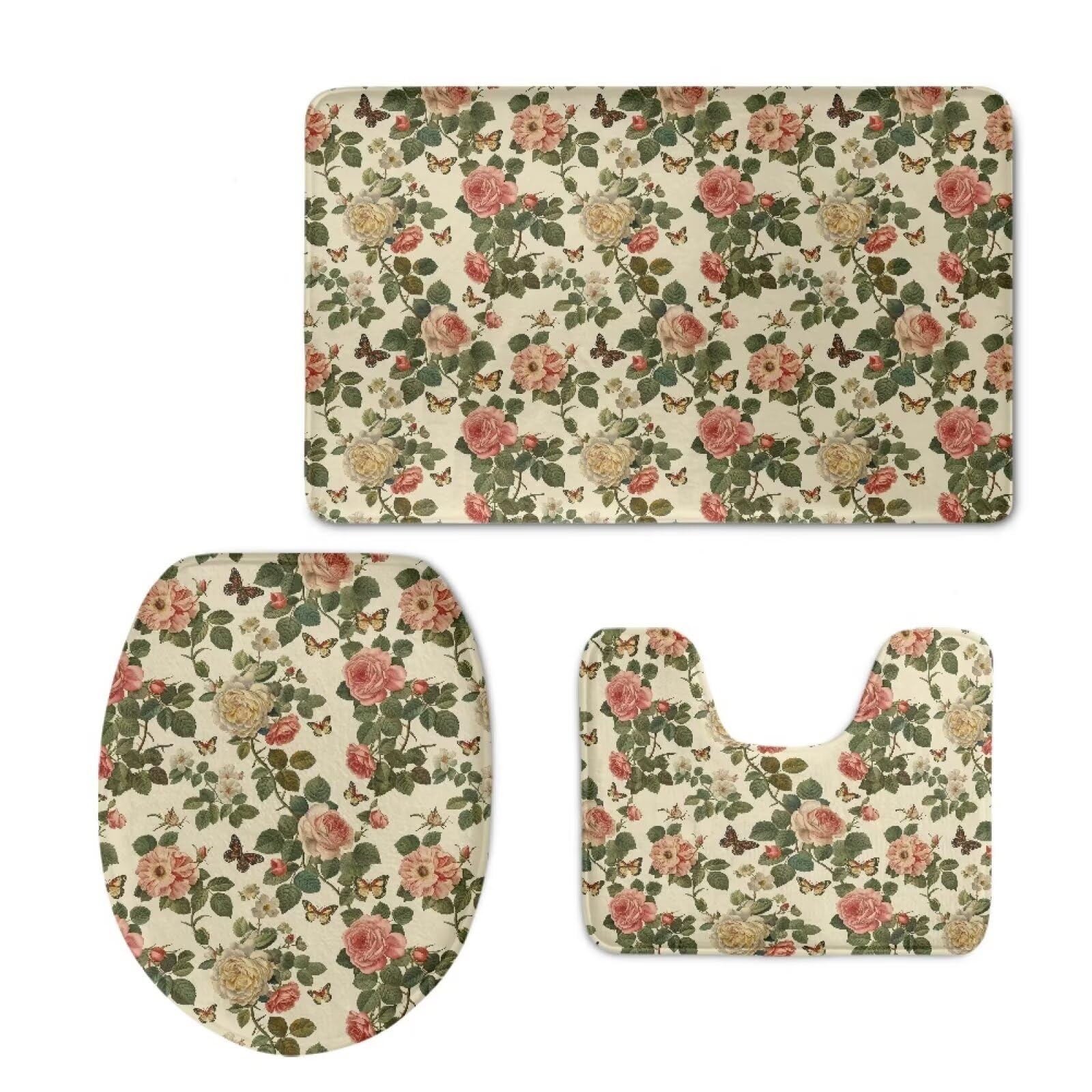 CREAMIC Rose Bathroom Rug Set, Bath Rug +Bathroom Rug + Toilet Seat Cover, Super Soft Microfiber Water Absorbent & Non-Slip Bathroom Rugs with PVC