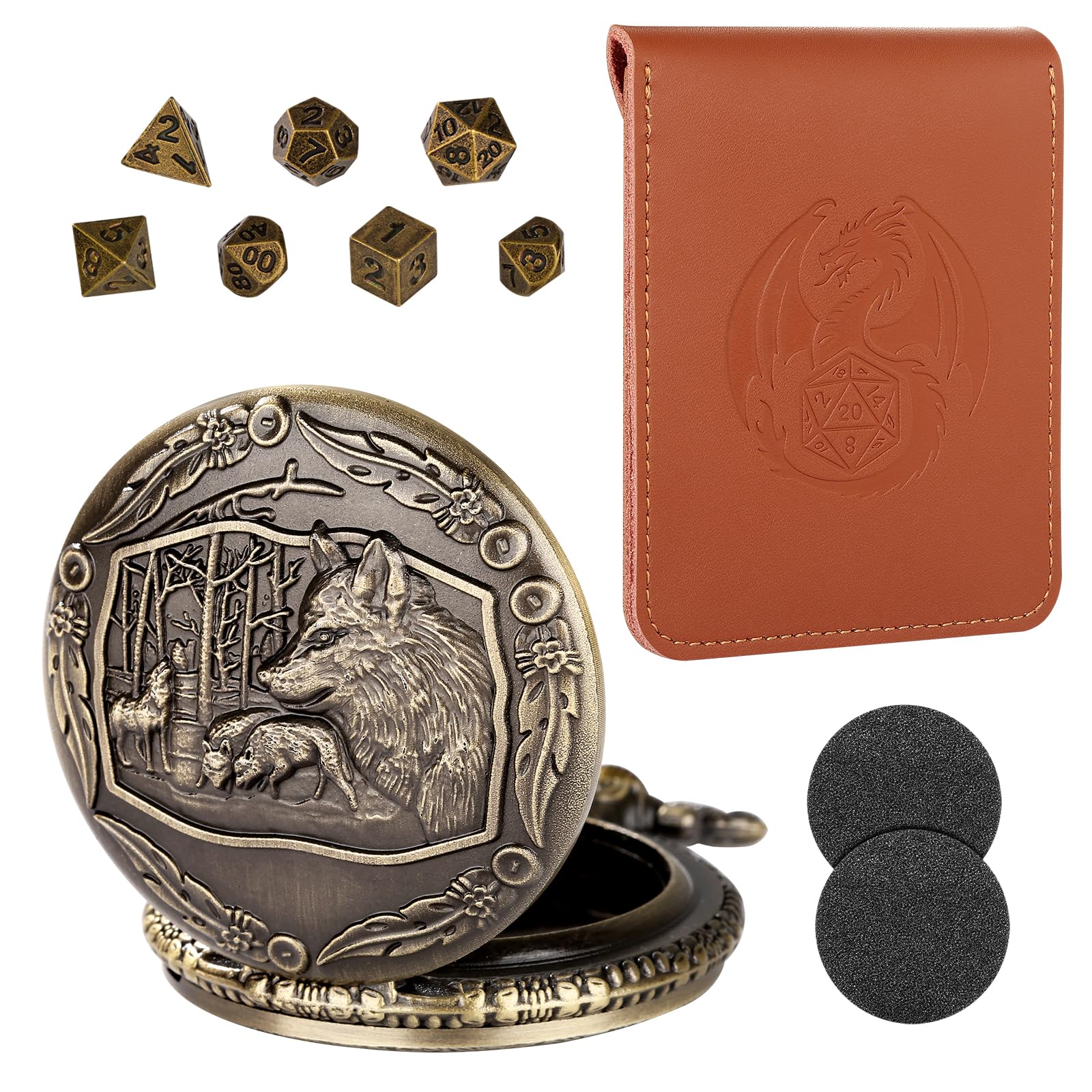 Mini DND Dice Set including Bronze Steampunk Wolf Pocket Watch Shell Case, DND Gifts with Dice Bag - Image 2
