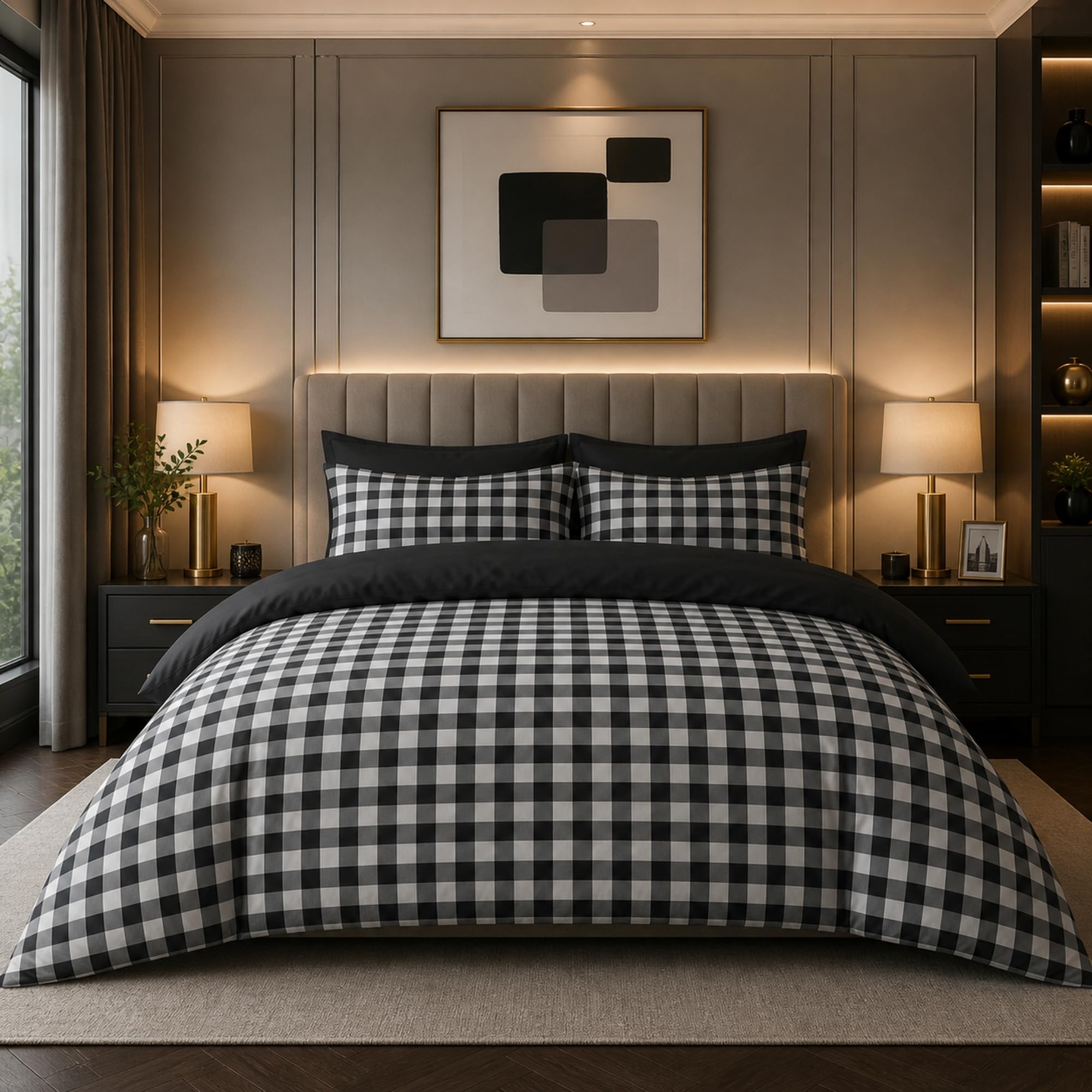 Dolce Vari Gingham Moor Check Microfibre Duvet Cover Set – Reversible Checked Quilt Cover with Matching Pillowcases – Soft, Lightweight Bedding Set – Easy-Care & Durable (CHARCOAL, Double)