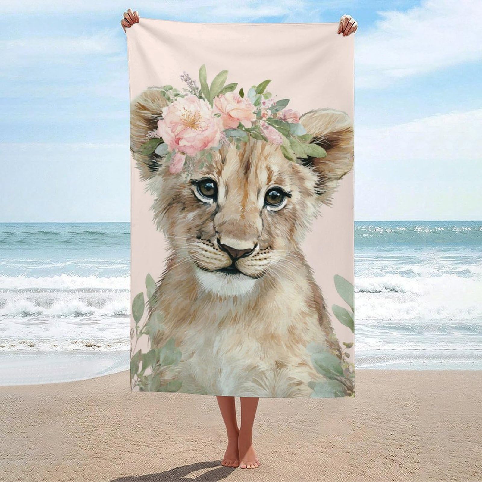 asbwuo Cute Lion with Flower Crown Watercolor Beach Towel