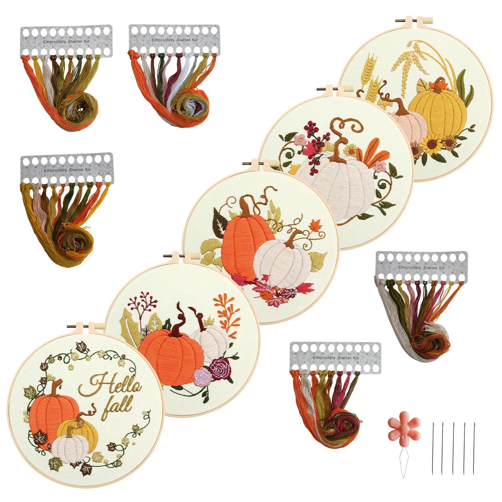 Stranthother 5 Sets Fall Pumpkin Embroidery Kit for Beginners Adult Pumpkin Maple Leaf Embroidery Fall Needlepoint Kits Thanksgiving Cross Stitch Kit for Craft Lovers Includes Hoops Thread Neddles
